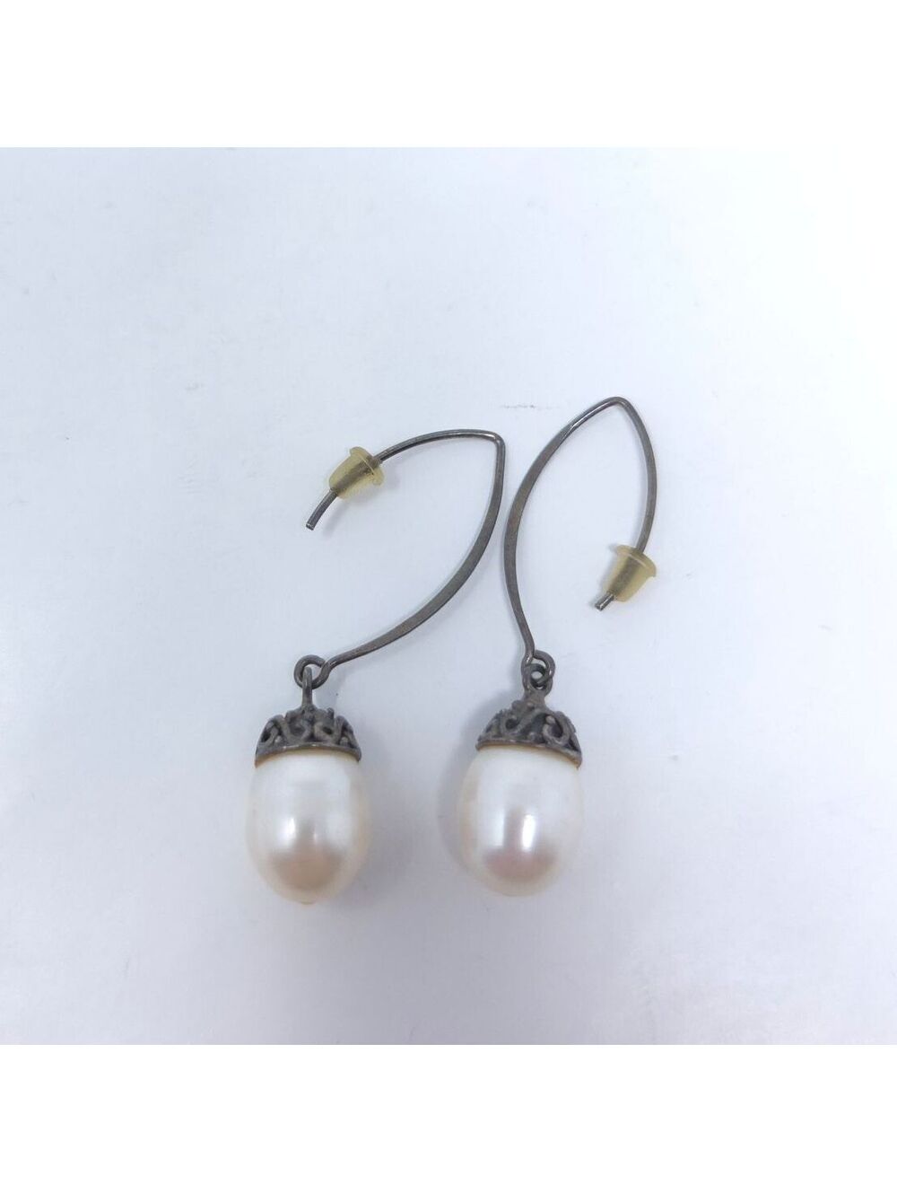 Vintage CFJ Collins Fine Sterling Silver Pearl Dangle Drop Threader Earrings